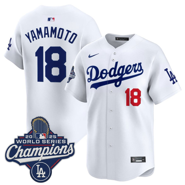 Men's White Los Angeles Dodgers #18 Yoshinobu Yamamoto 2025 World Series Champions Patch Home Limited Stitched Baseball Jersey